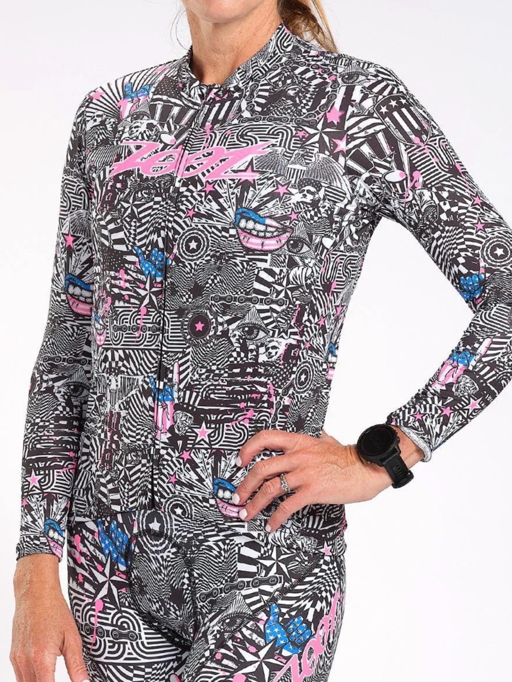 Zoot American Rebel Gray & Pink Graphic Long Sleeve Cycling Jersey NWOT